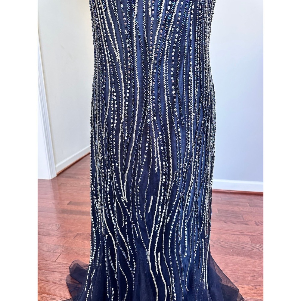 Luxury Pronovias Navy Blue Beaded Embellished Plunge Open Low Back Gown Dress - Picture 7 of 12
